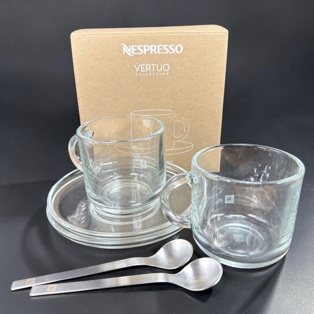 Nespresso Vertuo Collection Lungo Set 2 Glass Cups Saucers Spoons NEW In Box